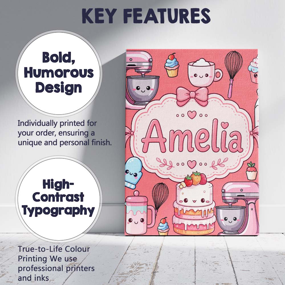 Personalised Name Kawaii Baking Mixer Cake Custom Unique Gift Idea Elegant Feature Canvas Wall Art Print Decor Picture Ready to Hang