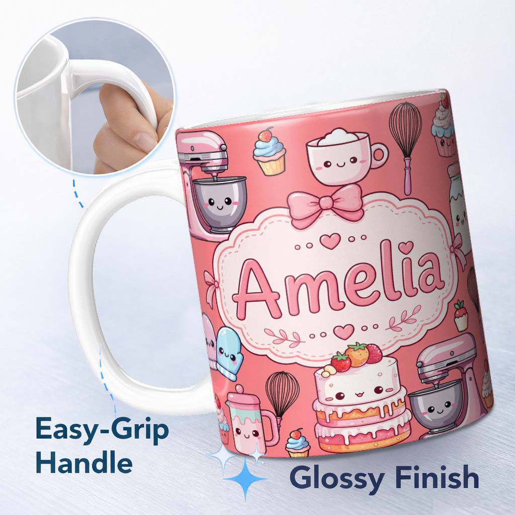 Personalized Custom Name Kawaii Baking Mixer Cake and Cupcake Tools on Coral Seamless 11oz Ceramic Coffee Tea Mug White Large Handle