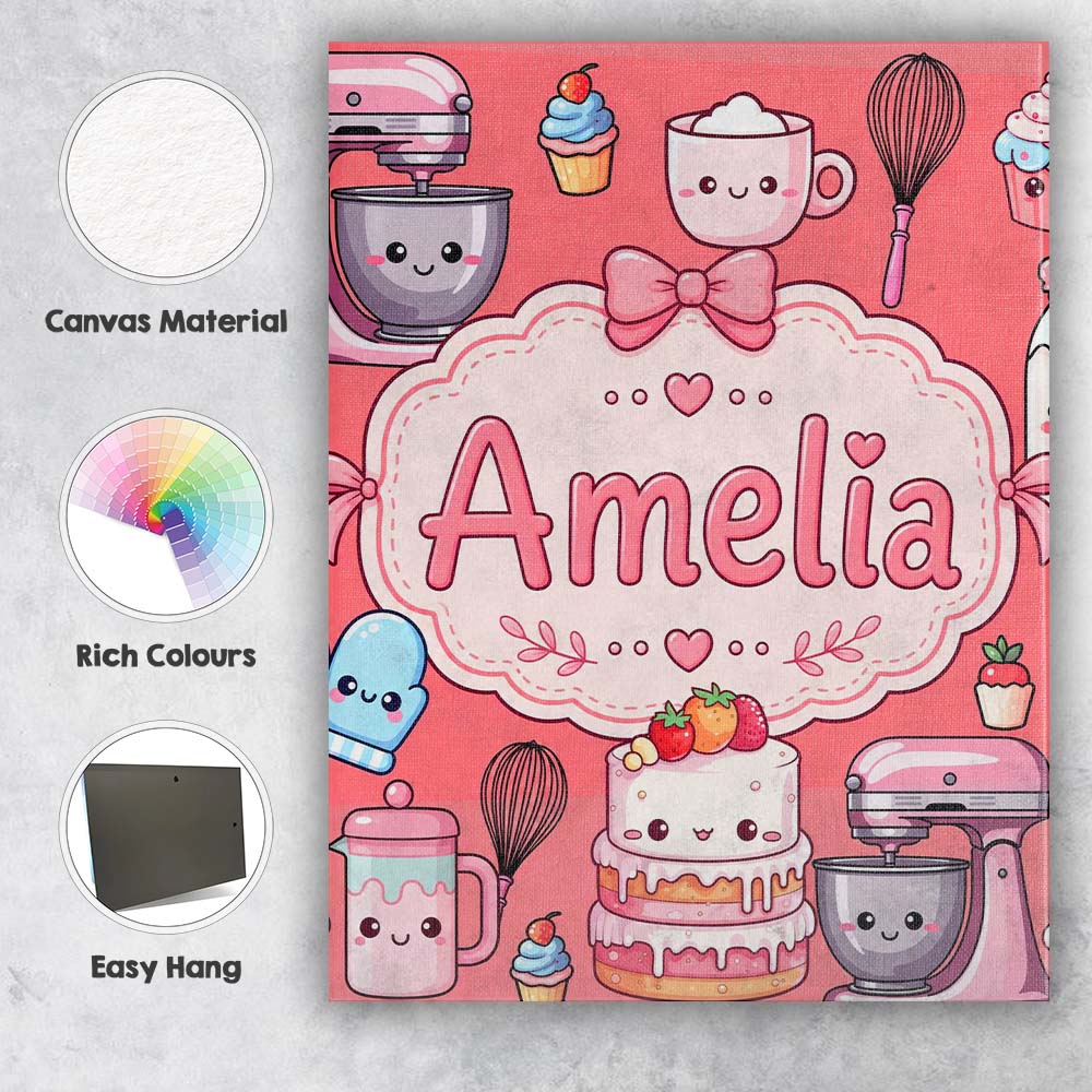 Personalised Name Kawaii Baking Mixer Cake Custom Unique Gift Idea Elegant Feature Canvas Wall Art Print Decor Picture Ready to Hang