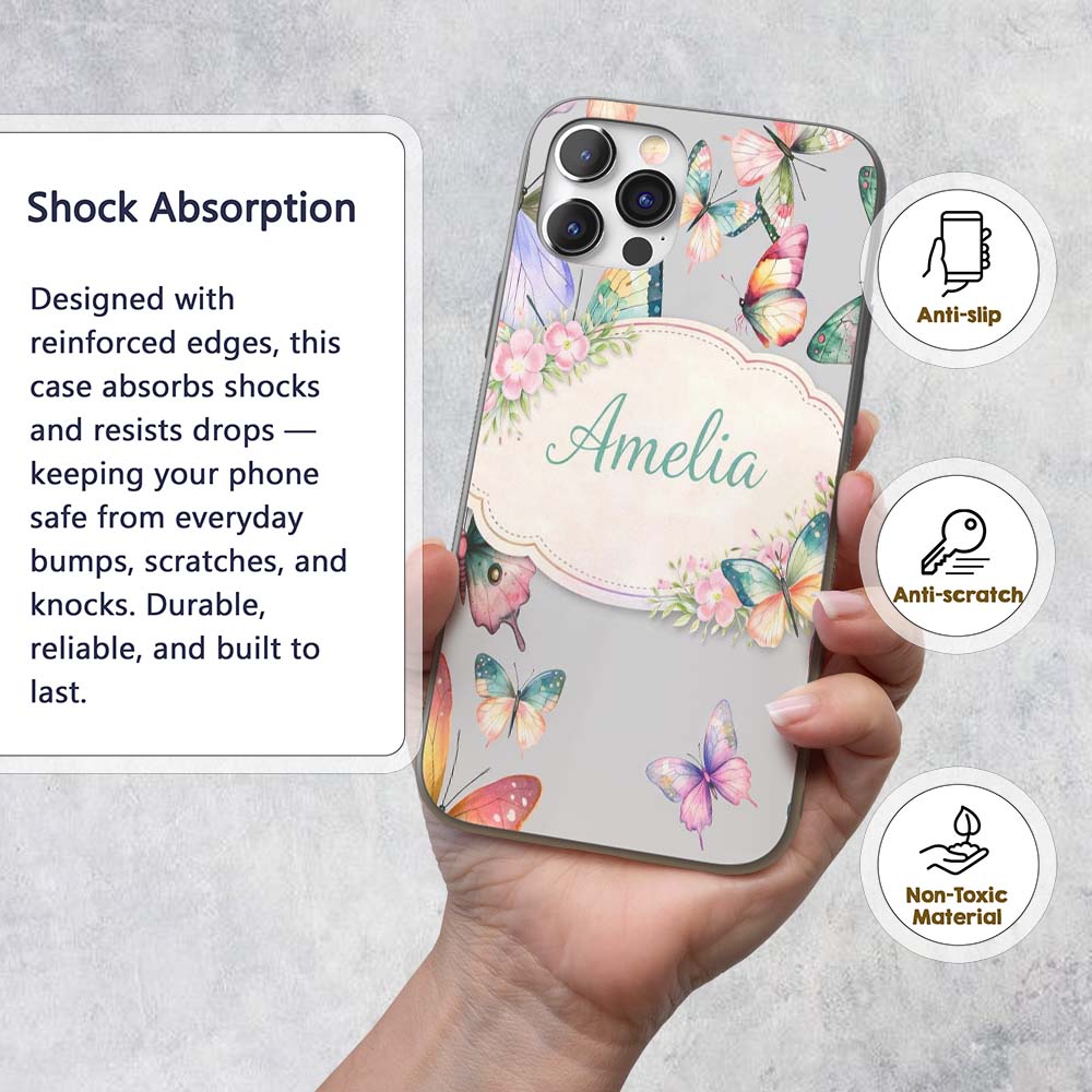 Pastel Watercolor Butterflies Soft Printed Design Custom Name Protective Phone Case Mobile Cover Durable Everyday Smartphone Shock Resistant