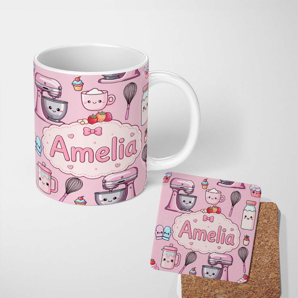 Personalized Custom Name Kawaii Baking Mixer Cake and Cupcake Tools on Blush Pink Seamless 11oz Ceramic Coffee Tea Mug White Large Handle
