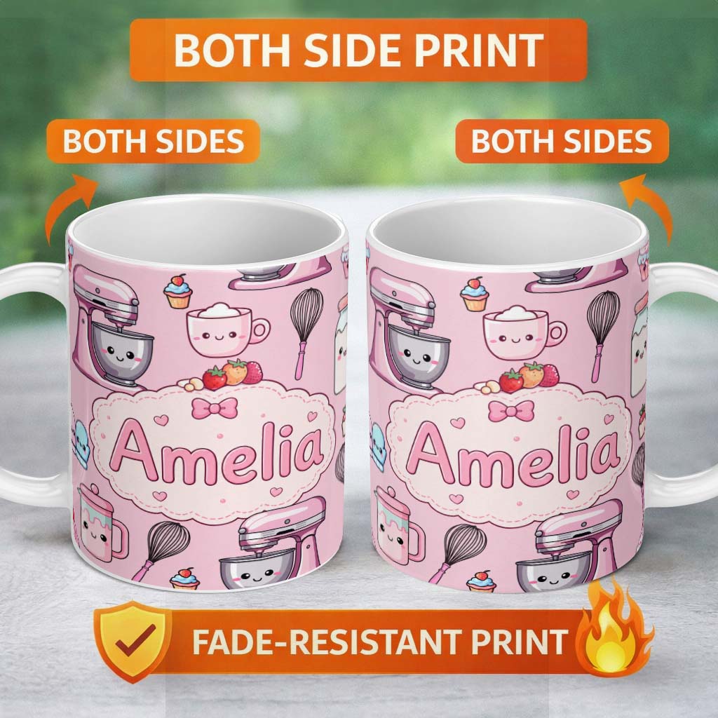 Personalized Custom Name Kawaii Baking Mixer Cake and Cupcake Tools on Blush Pink Seamless 11oz Ceramic Coffee Tea Mug White Large Handle