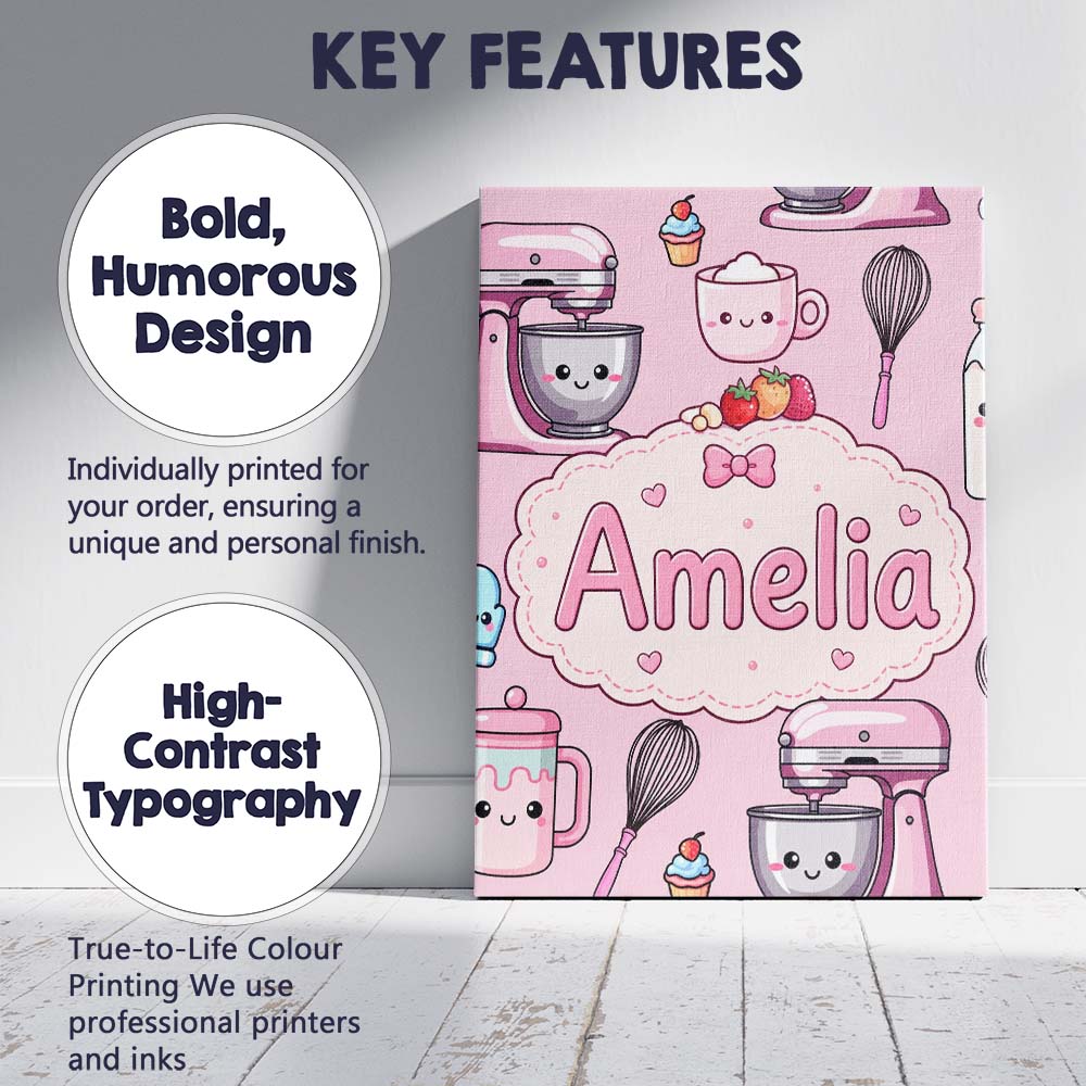 Personalised Name Kawaii Baking Mixer Cake Custom Unique Gift Idea Elegant Feature Canvas Wall Art Print Decor Picture Ready to Hang