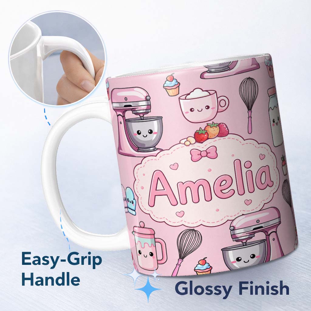 Personalized Custom Name Kawaii Baking Mixer Cake and Cupcake Tools on Blush Pink Seamless 11oz Ceramic Coffee Tea Mug White Large Handle