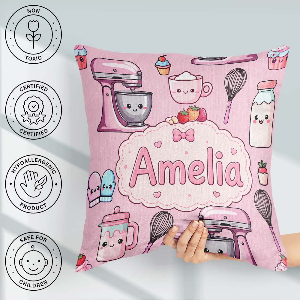 Custom Name Kawaii Baking Mixer Cake Cupcake Tools on Blush Pink Square Filled Cushion Throw Pillow Sofa Bed Home Decor Zip Washable UK Made