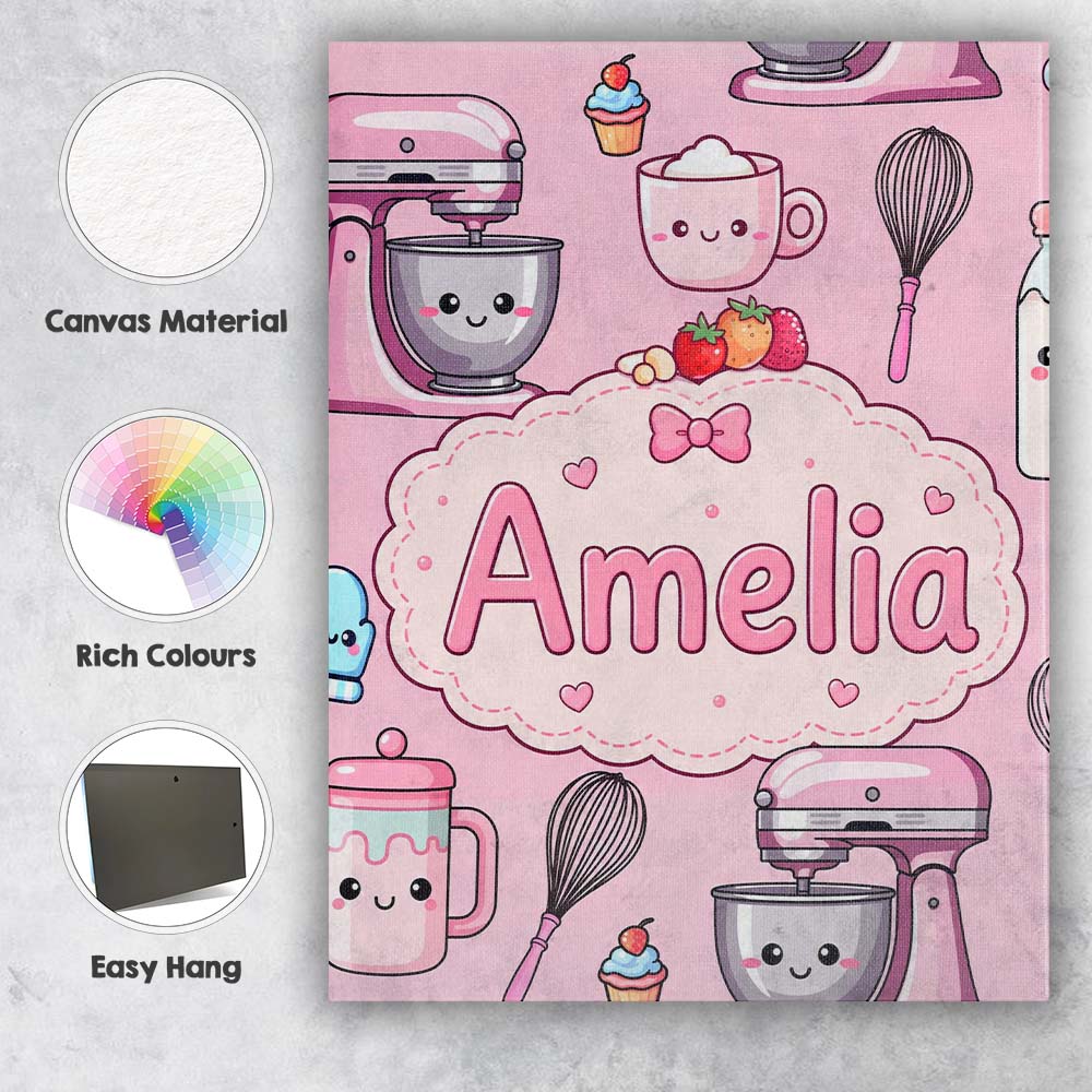 Personalised Name Kawaii Baking Mixer Cake Custom Unique Gift Idea Elegant Feature Canvas Wall Art Print Decor Picture Ready to Hang