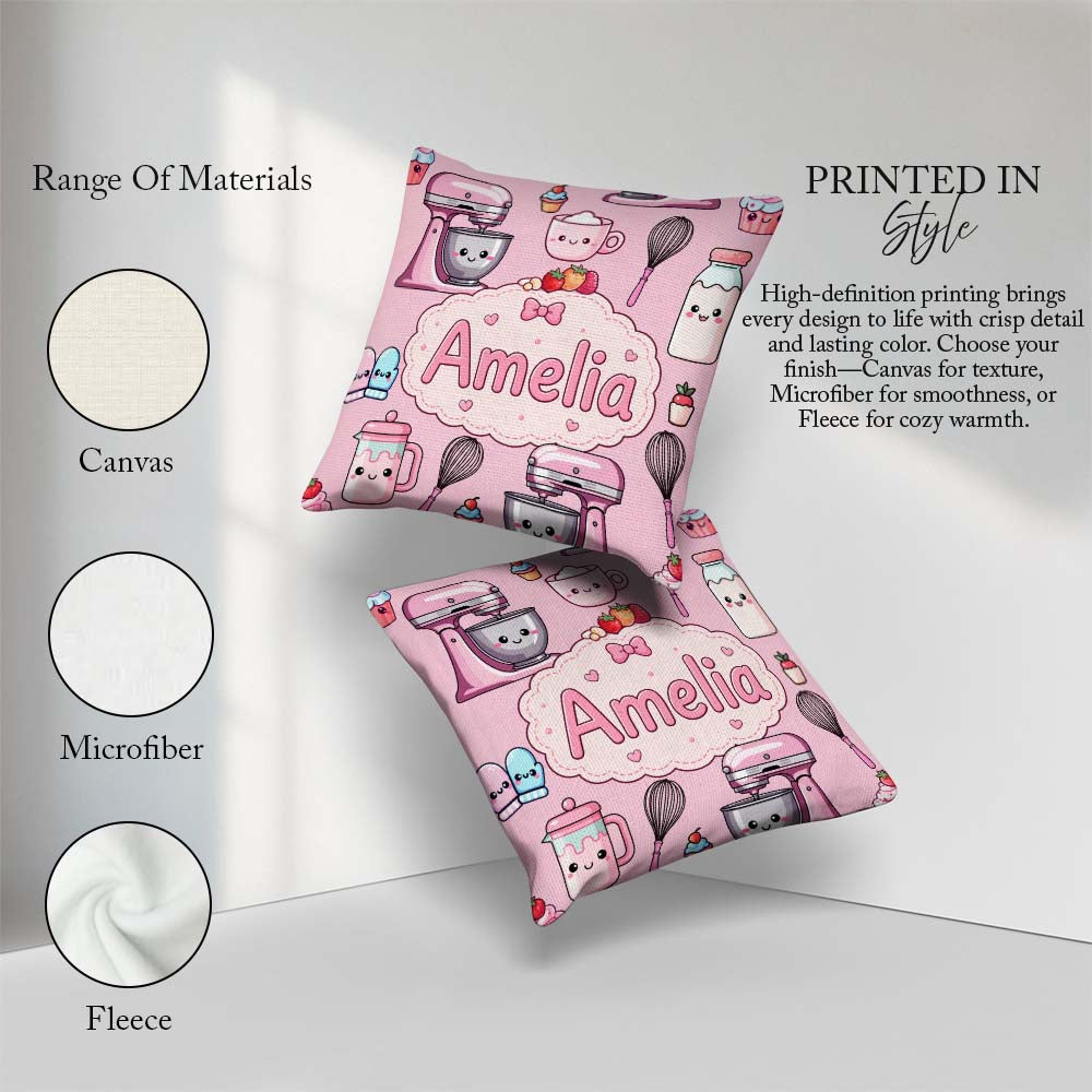 Custom Name Kawaii Baking Mixer Cake Cupcake Tools on Blush Pink Square Filled Cushion Throw Pillow Sofa Bed Home Decor Zip Washable UK Made