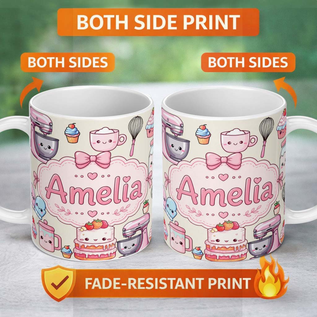 Personalized Custom Name Kawaii Baking Mixer Cake and Cupcake Tools on Neutral Seamless 11oz Ceramic Coffee Tea Mug White Large Handle