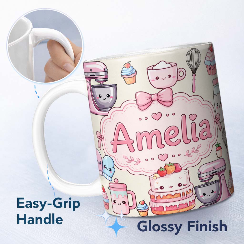 Personalized Custom Name Kawaii Baking Mixer Cake and Cupcake Tools on Neutral Seamless 11oz Ceramic Coffee Tea Mug White Large Handle