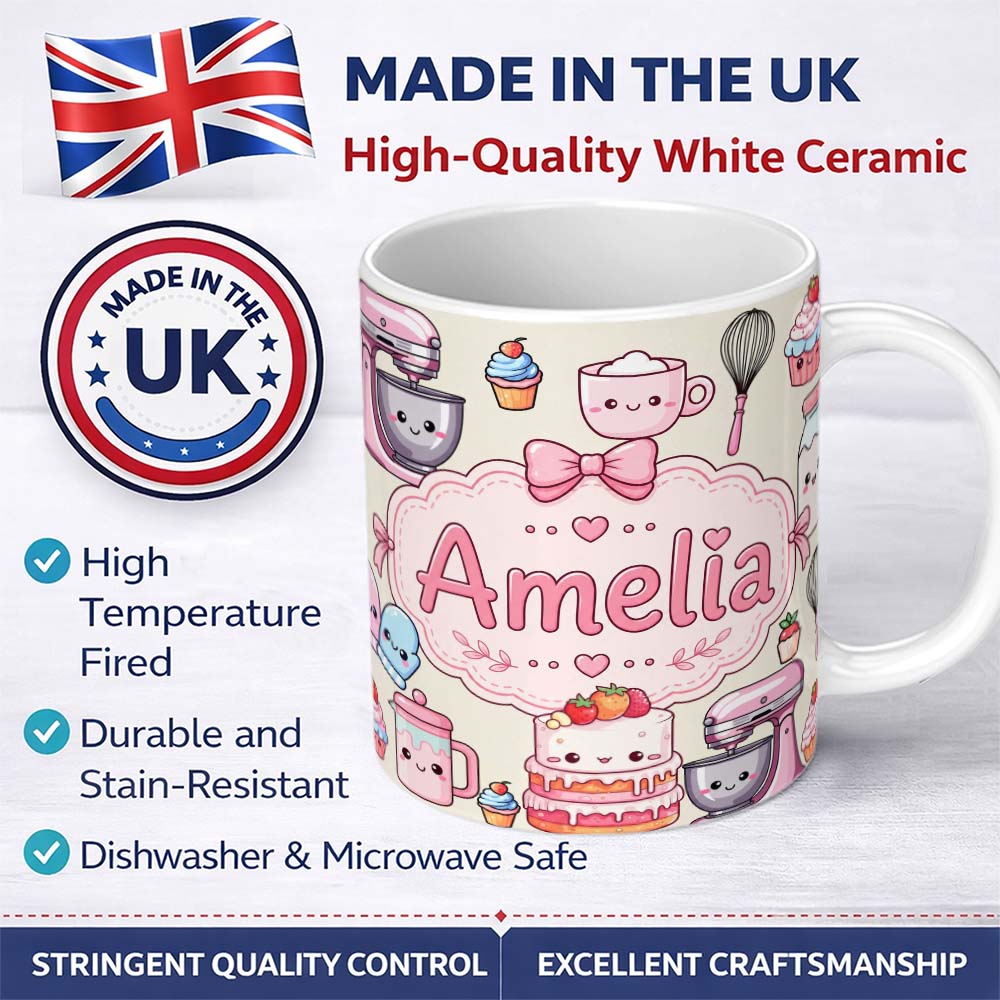 Personalized Custom Name Kawaii Baking Mixer Cake and Cupcake Tools on Neutral Seamless 11oz Ceramic Coffee Tea Mug White Large Handle