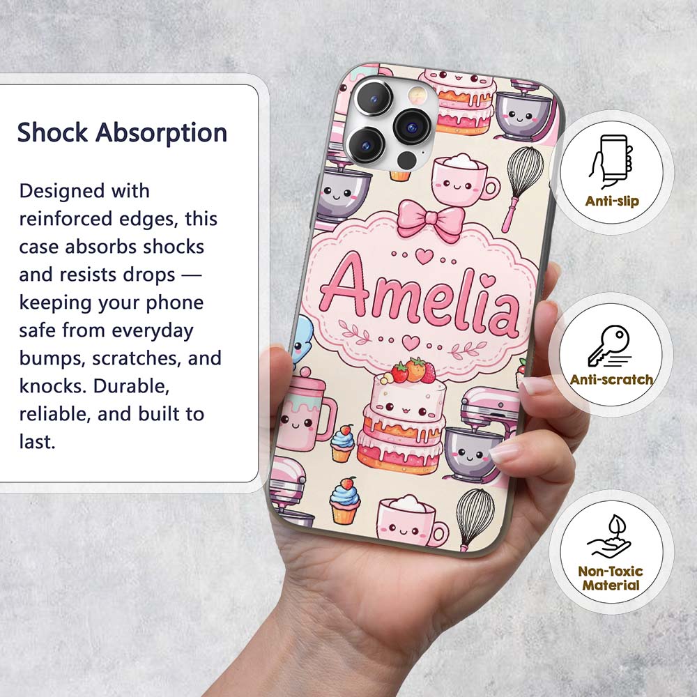Kawaii Baking Mixer Cake and Cupcake Tools on Custom Name Protective Phone Case Mobile Cover Durable Everyday Smartphone Shock Resistant