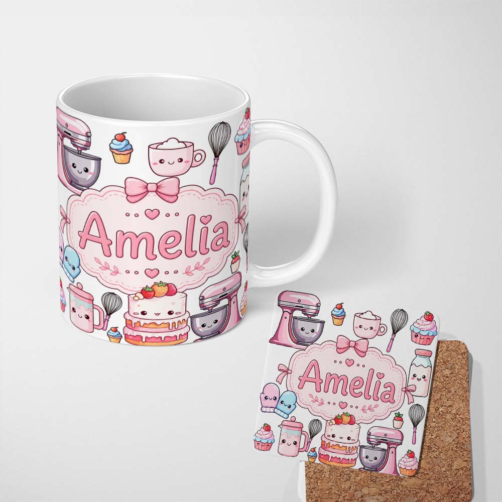 Personalized Custom Name Kawaii Baking Mixer Cake and Cupcake Tools on Light Grey Seamless 11oz Ceramic Coffee Tea Mug White Large Handle