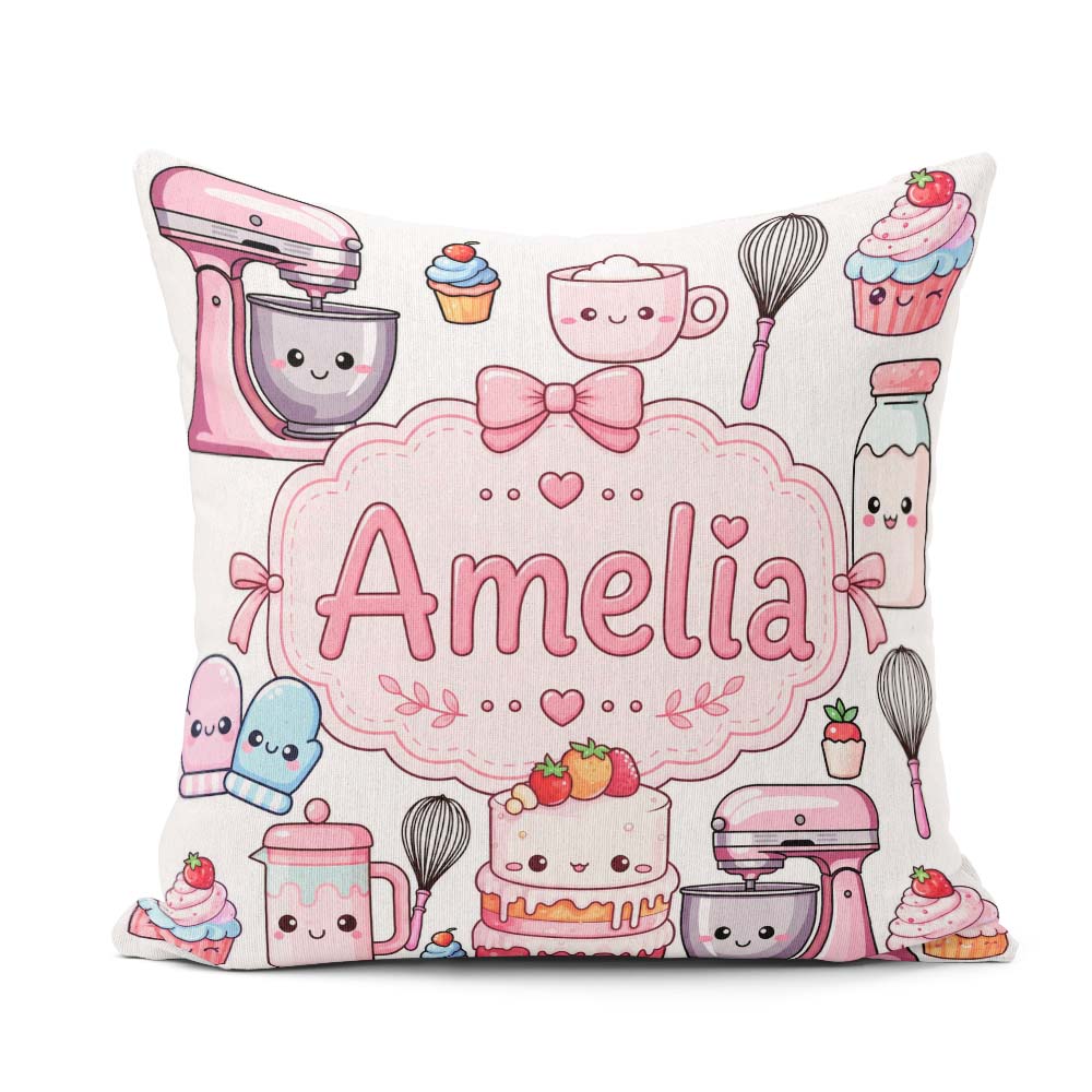 Custom Name Kawaii Baking Mixer Cake Cupcake Tools on Light Grey Square Filled Cushion Throw Pillow Sofa Bed Home Decor Zip Washable UK Made