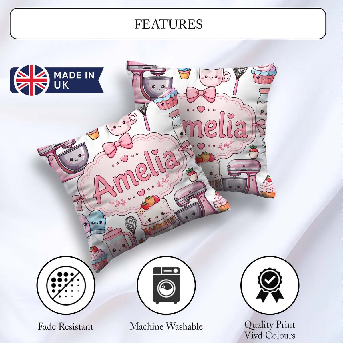 Custom Name Kawaii Baking Mixer Cake Cupcake Tools on Light Grey Square Filled Cushion Throw Pillow Sofa Bed Home Decor Zip Washable UK Made