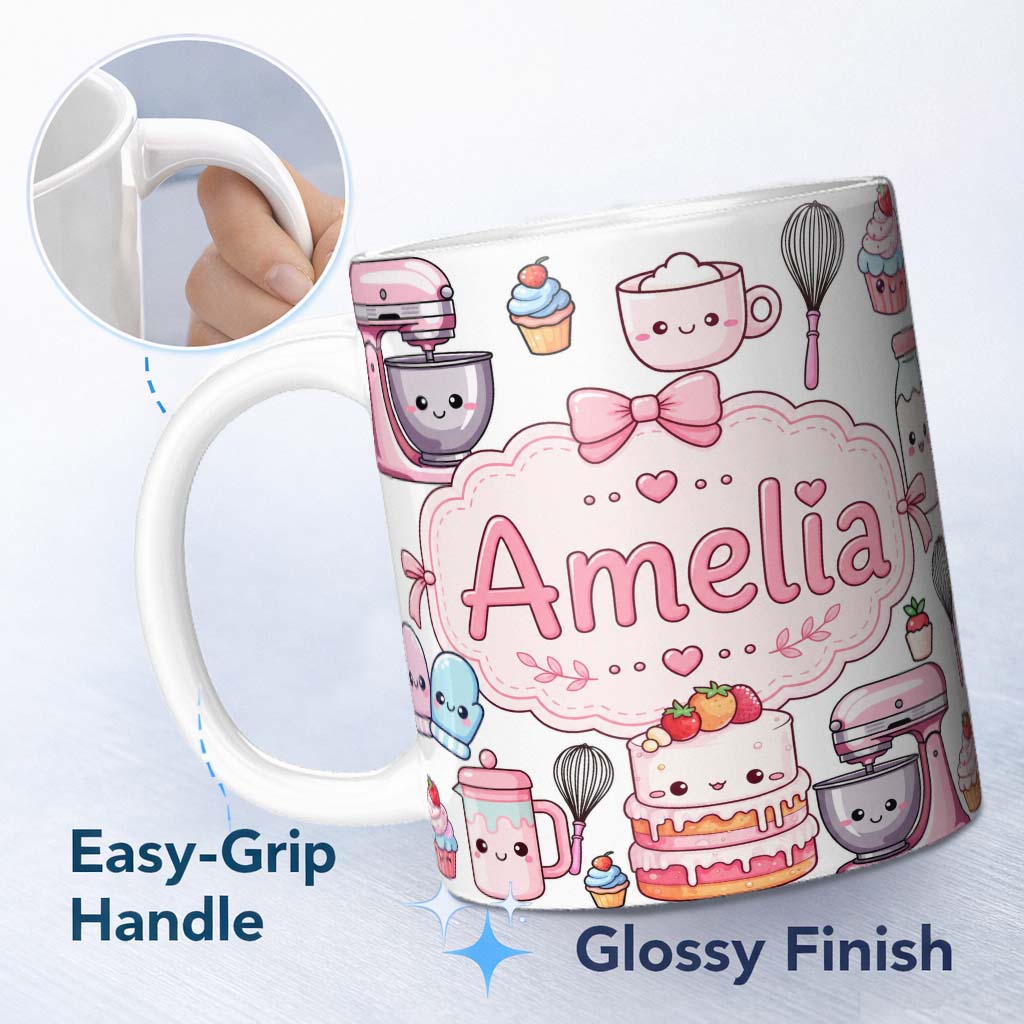 Personalized Custom Name Kawaii Baking Mixer Cake and Cupcake Tools on Light Grey Seamless 11oz Ceramic Coffee Tea Mug White Large Handle