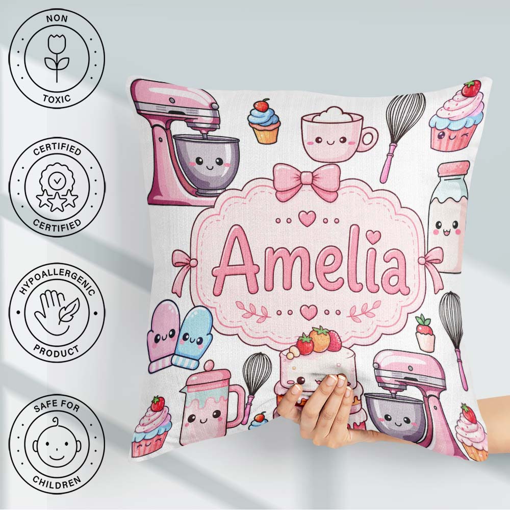 Custom Name Kawaii Baking Mixer Cake Cupcake Tools on Light Grey Square Filled Cushion Throw Pillow Sofa Bed Home Decor Zip Washable UK Made