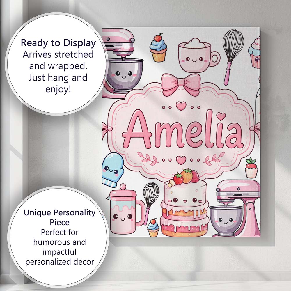 Personalised Name Kawaii Baking Mixer Cake Custom Unique Gift Idea Elegant Feature Canvas Wall Art Print Decor Picture Ready to Hang