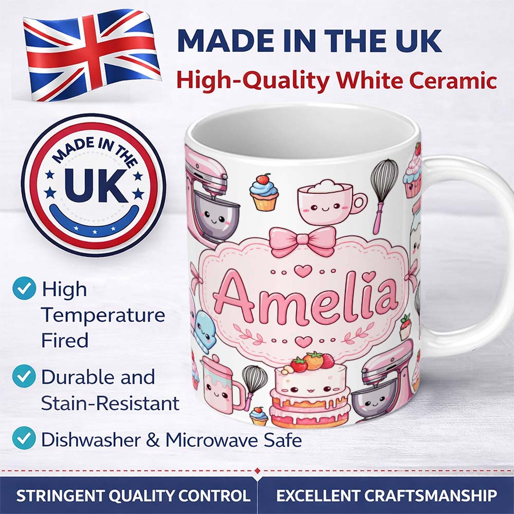Personalized Custom Name Kawaii Baking Mixer Cake and Cupcake Tools on Light Grey Seamless 11oz Ceramic Coffee Tea Mug White Large Handle