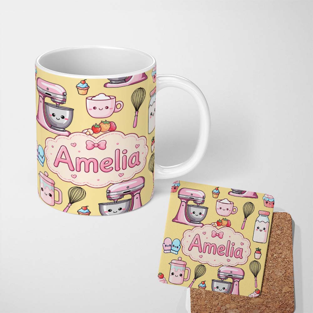 Personalized Custom Name Kawaii Baking Mixer Cake and Cupcake Tools on Yellow Seamless 11oz Ceramic Coffee Tea Mug White Large Handle