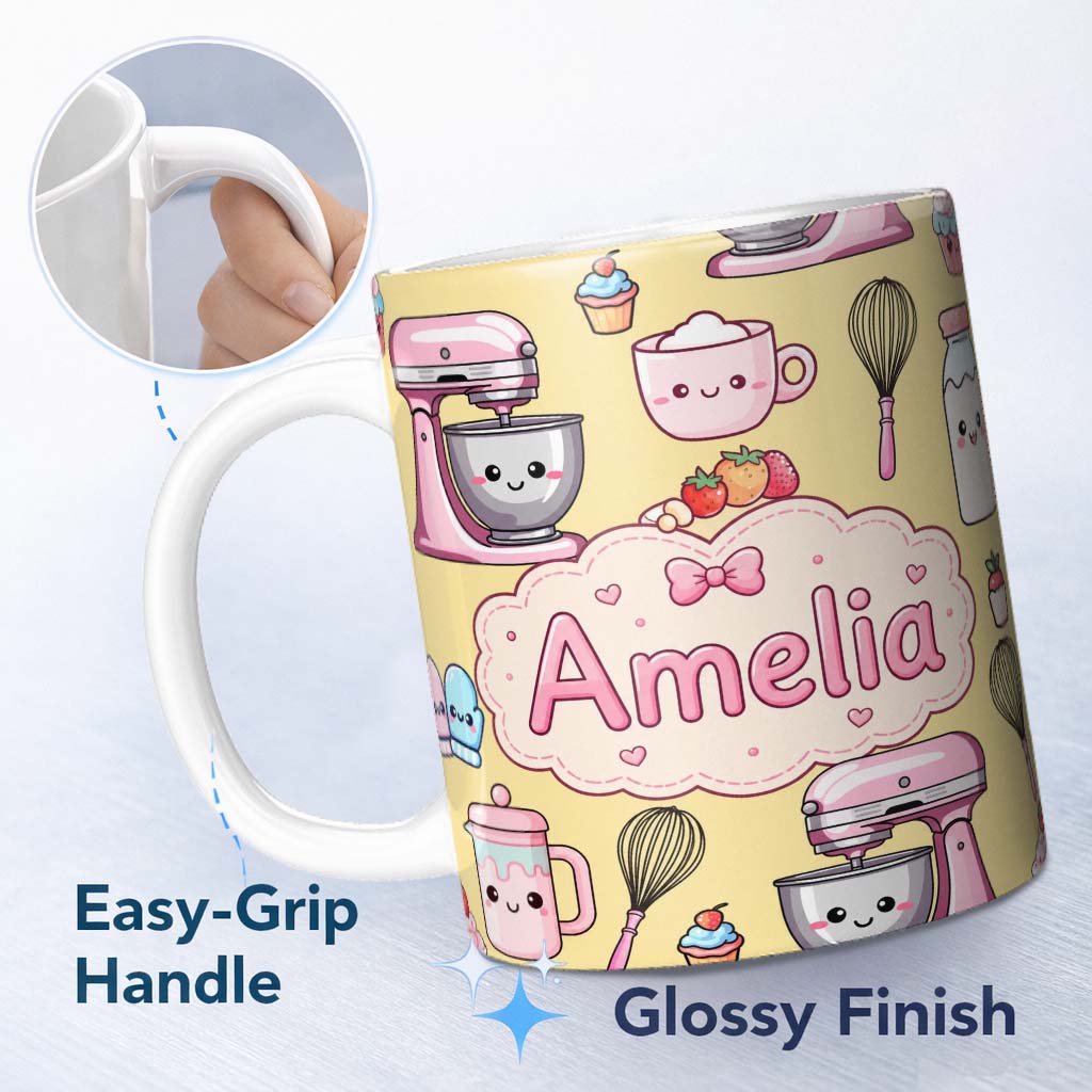 Personalized Custom Name Kawaii Baking Mixer Cake and Cupcake Tools on Yellow Seamless 11oz Ceramic Coffee Tea Mug White Large Handle