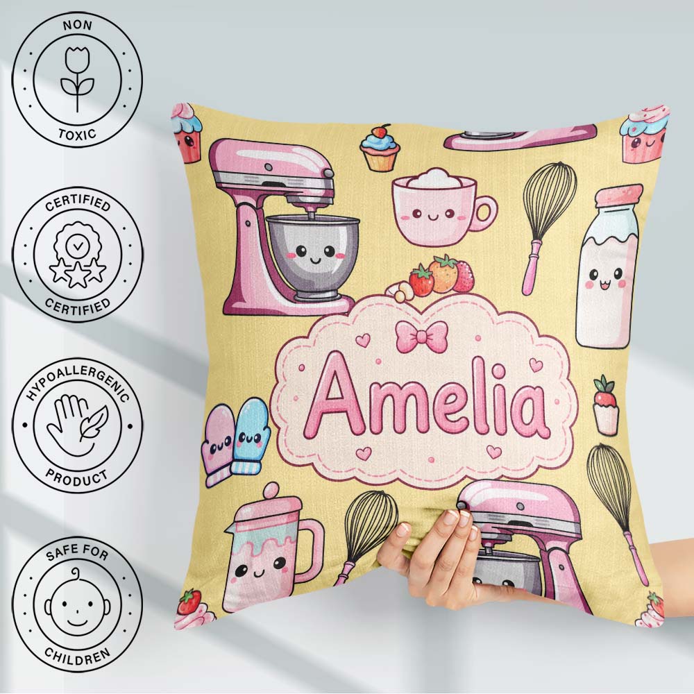Custom Name Kawaii Baking Mixer Cake and Cupcake Tools on Yellow Square Filled Cushion Throw Pillow Sofa Bed Home Decor Zip Washable UK Made