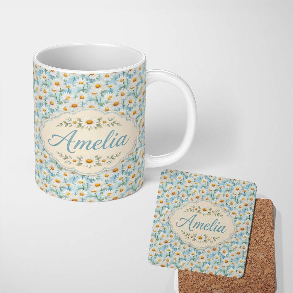 Personalized Custom Name Elegant Cream Daisy Florals on Light Vintage Wash Background Lovely 11oz Ceramic Coffee Tea Mug White Large Handle