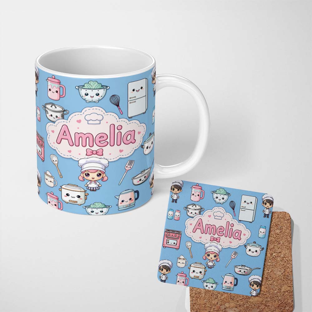 Personalized Custom Name Kawaii Kitchen Chef Girl Cooking Utensils on Blue Seamless Pattern 11oz Ceramic Coffee Tea Mug White Large Handle