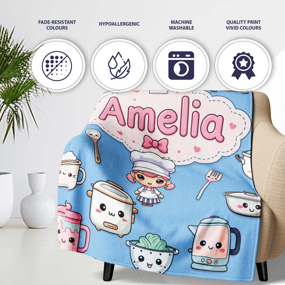Kawaii Chef Girl Cooking Utensils on Blue Seamless Pattern Personalised Custom Name Super Soft Fleece Blanket Bed Sofa Throw
