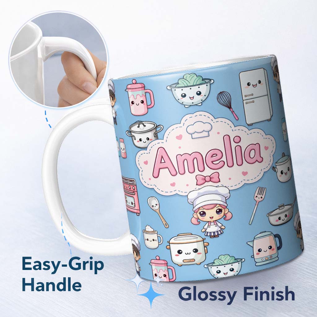 Personalized Custom Name Kawaii Kitchen Chef Girl Cooking Utensils on Blue Seamless Pattern 11oz Ceramic Coffee Tea Mug White Large Handle