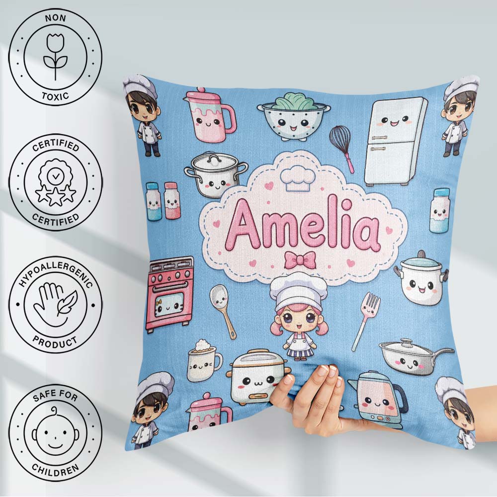 Custom Name Chef Girl Cooking Utensils on Blue Seamless Pattern Square Filled Cushion Throw Pillow Sofa Bed Home Decor Zip Washable UK Made