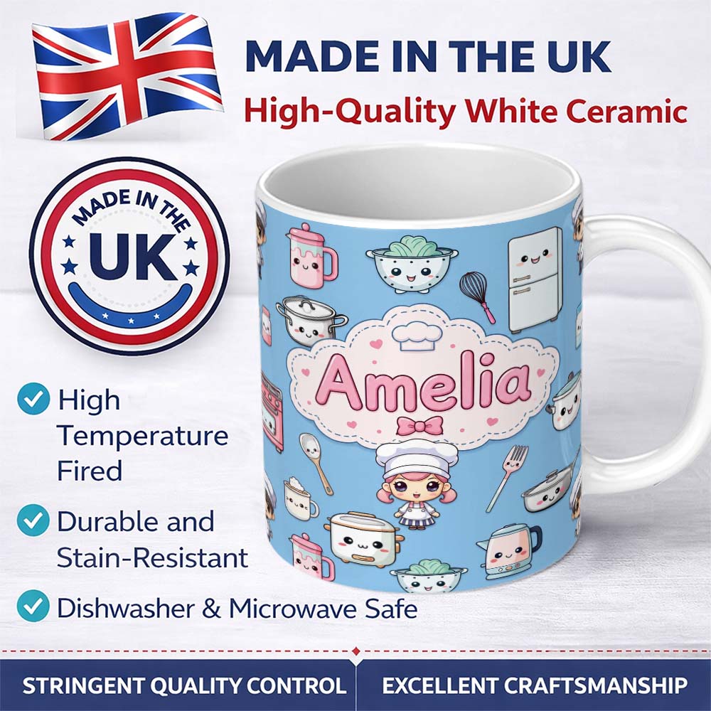 Personalized Custom Name Kawaii Kitchen Chef Girl Cooking Utensils on Blue Seamless Pattern 11oz Ceramic Coffee Tea Mug White Large Handle