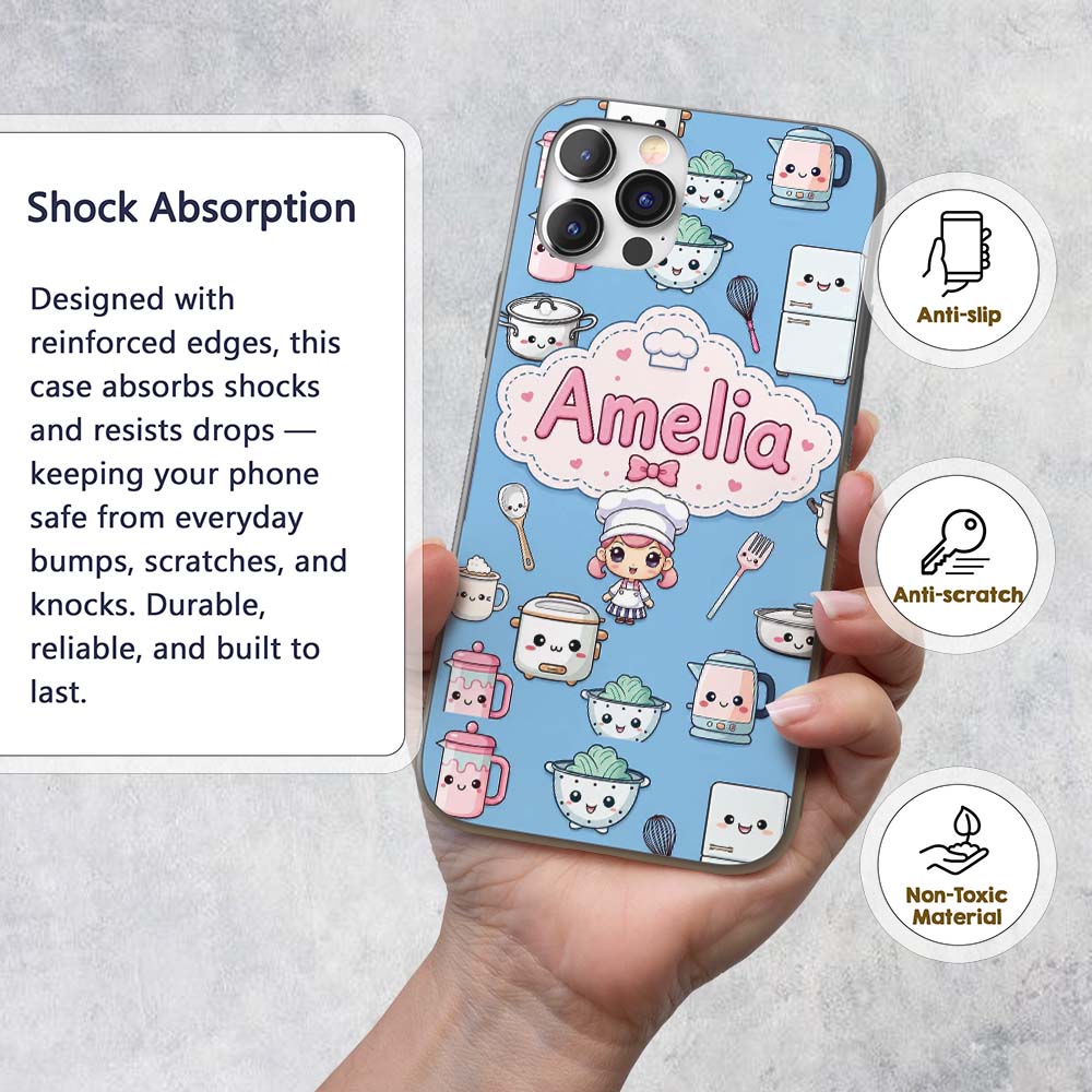 Kawaii Chef Girl Cooking Utensils Printed Design Custom Name Protective Phone Case Mobile Cover Durable Everyday Smartphone Shock Resistant