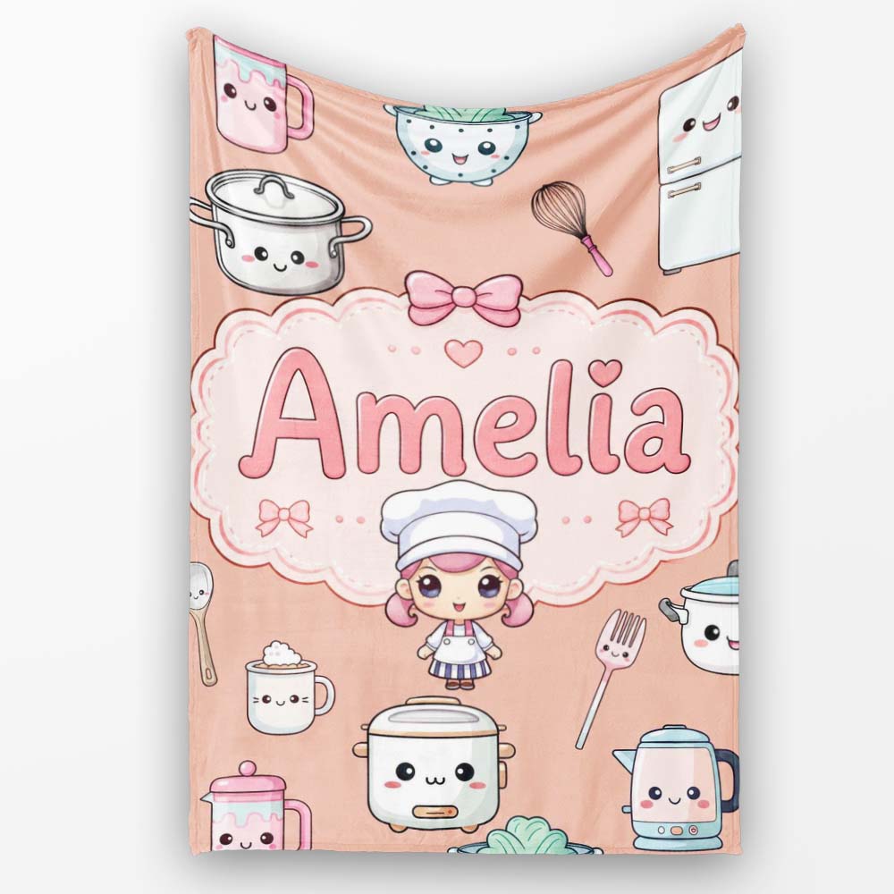 Kawaii Chef Girl Cooking Utensils on Peach Seamless Pattern Personalised Custom Name Super Soft Fleece Blanket Bed Sofa Throw