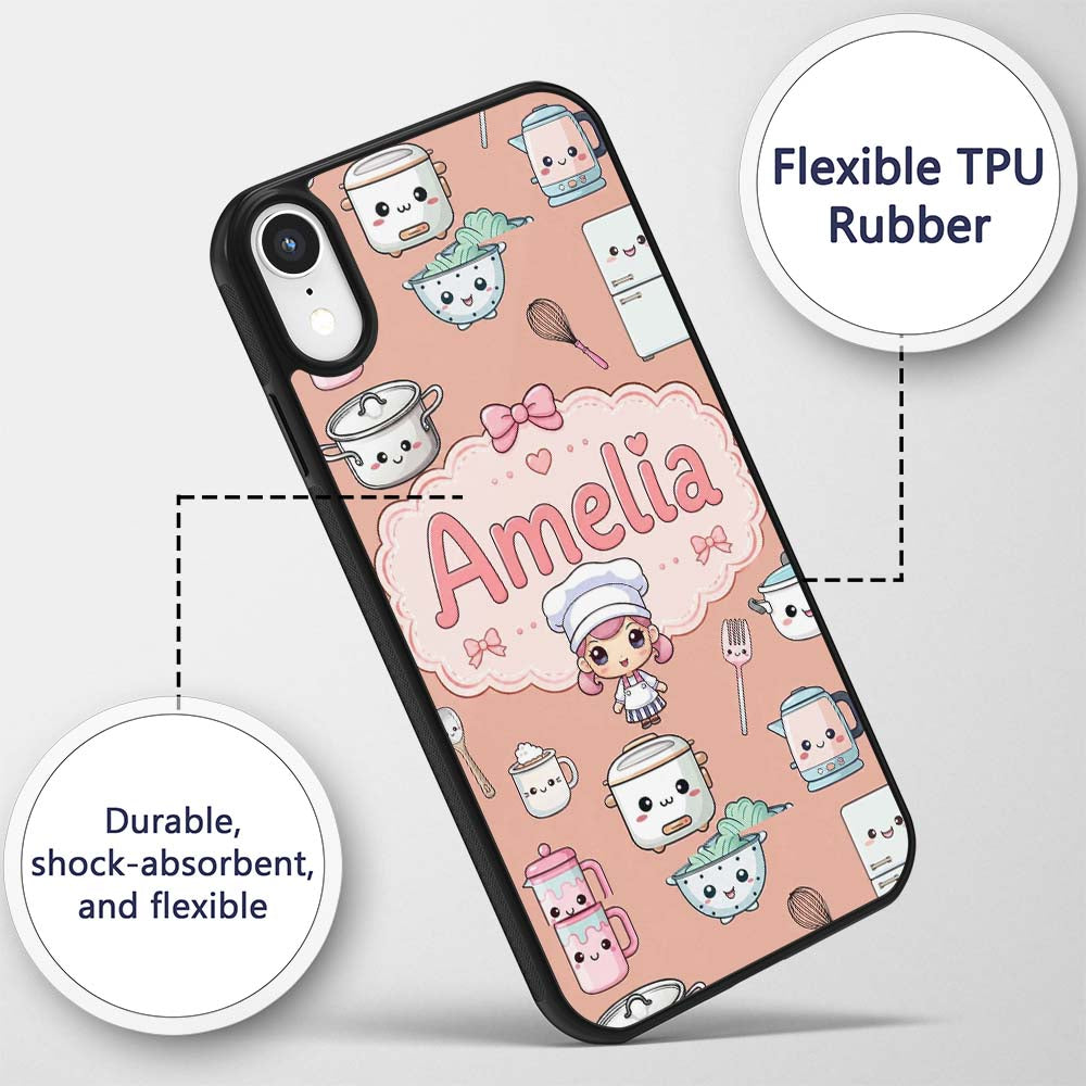 Kawaii Chef Girl Cooking Utensils Printed Design Custom Name Protective Phone Case Mobile Cover Durable Everyday Smartphone Shock Resistant