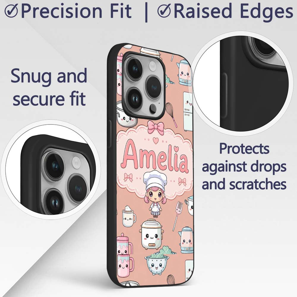 Kawaii Chef Girl Cooking Utensils Printed Design Custom Name Protective Phone Case Mobile Cover Durable Everyday Smartphone Shock Resistant