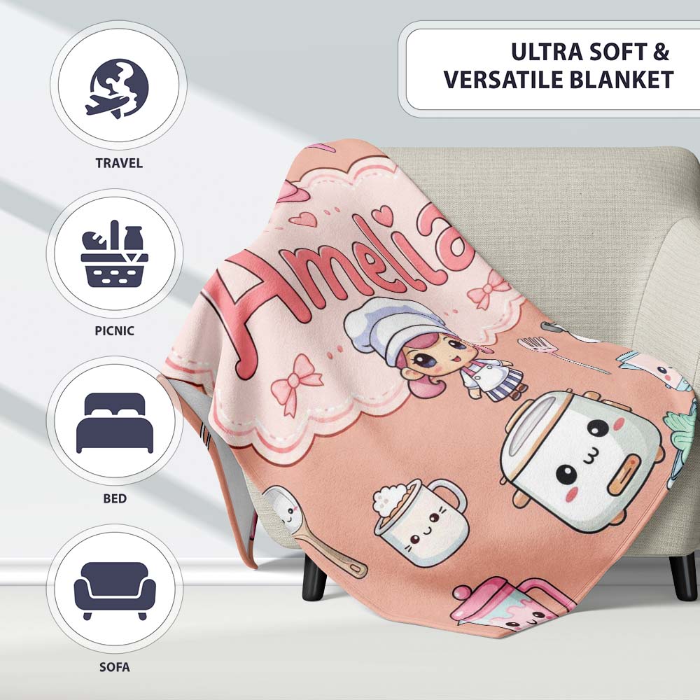 Kawaii Chef Girl Cooking Utensils on Peach Seamless Pattern Personalised Custom Name Super Soft Fleece Blanket Bed Sofa Throw