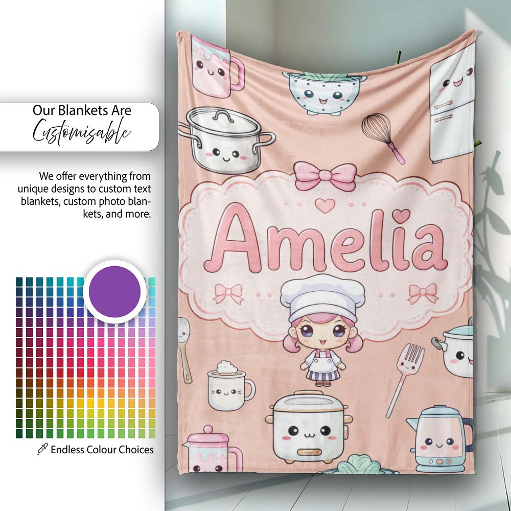 Kawaii Chef Girl Cooking Utensils on Peach Seamless Pattern Personalised Custom Name Super Soft Fleece Blanket Bed Sofa Throw