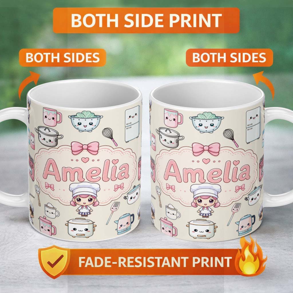 Personalized Custom Name Kawaii Kitchen Chef Girl Cooking Utensils on Cream Seamless Pattern 11oz Ceramic Coffee Tea Mug White Large Handle