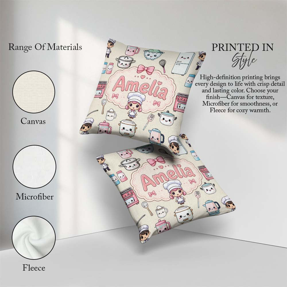 Custom Name Chef Girl Cooking Utensils on Cream Seamless Pattern Square Filled Cushion Throw Pillow Sofa Bed Home Decor Zip Washable UK Made