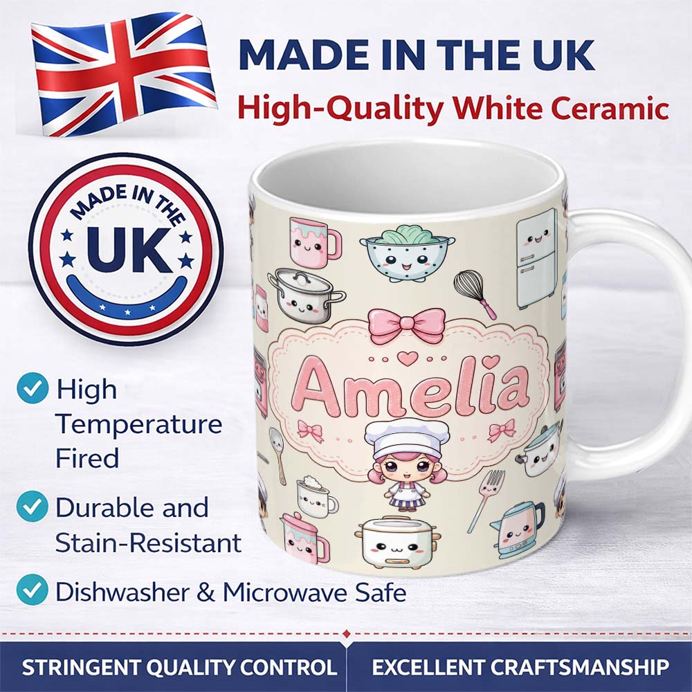 Personalized Custom Name Kawaii Kitchen Chef Girl Cooking Utensils on Cream Seamless Pattern 11oz Ceramic Coffee Tea Mug White Large Handle