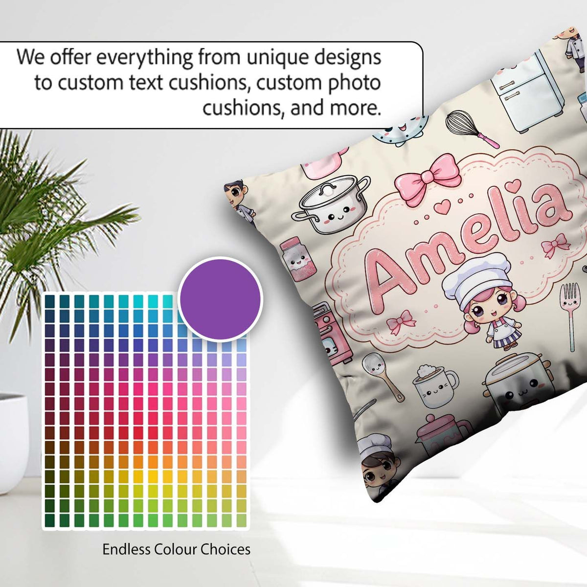 Custom Name Chef Girl Cooking Utensils on Cream Seamless Pattern Square Filled Cushion Throw Pillow Sofa Bed Home Decor Zip Washable UK Made