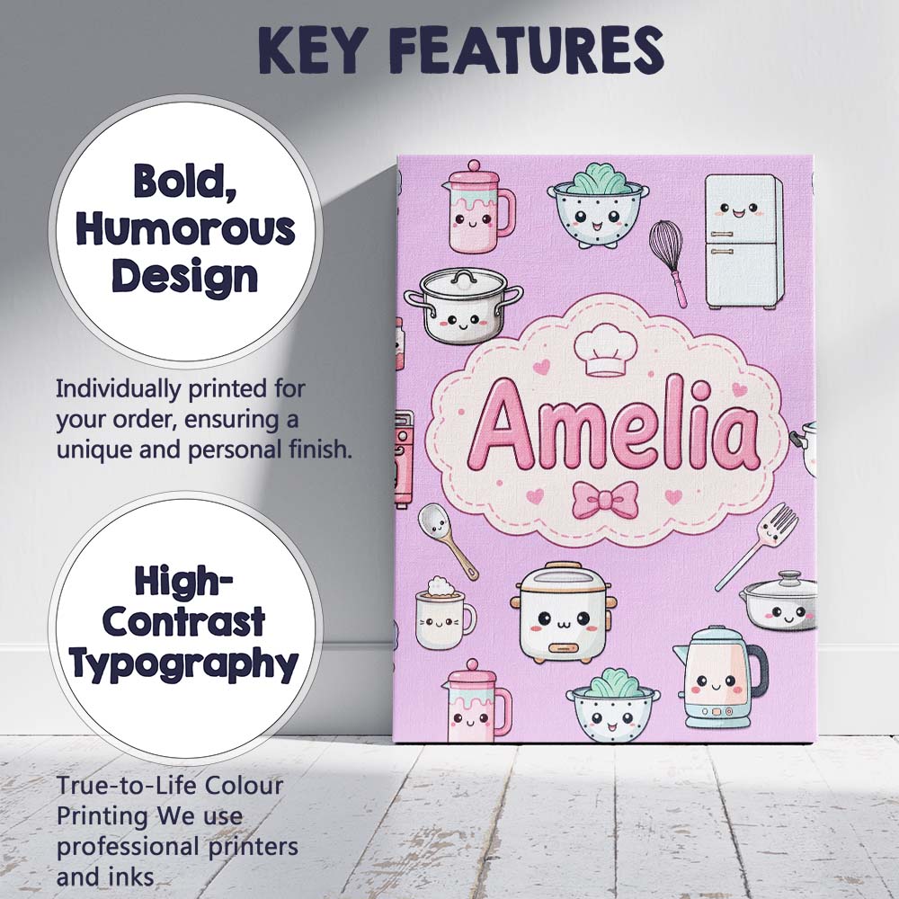 Personalised Name Kawaii Chef Girl Cooking Custom Unique Gift Idea Elegant Feature Canvas Wall Art Print Decor Picture Ready to Hang
