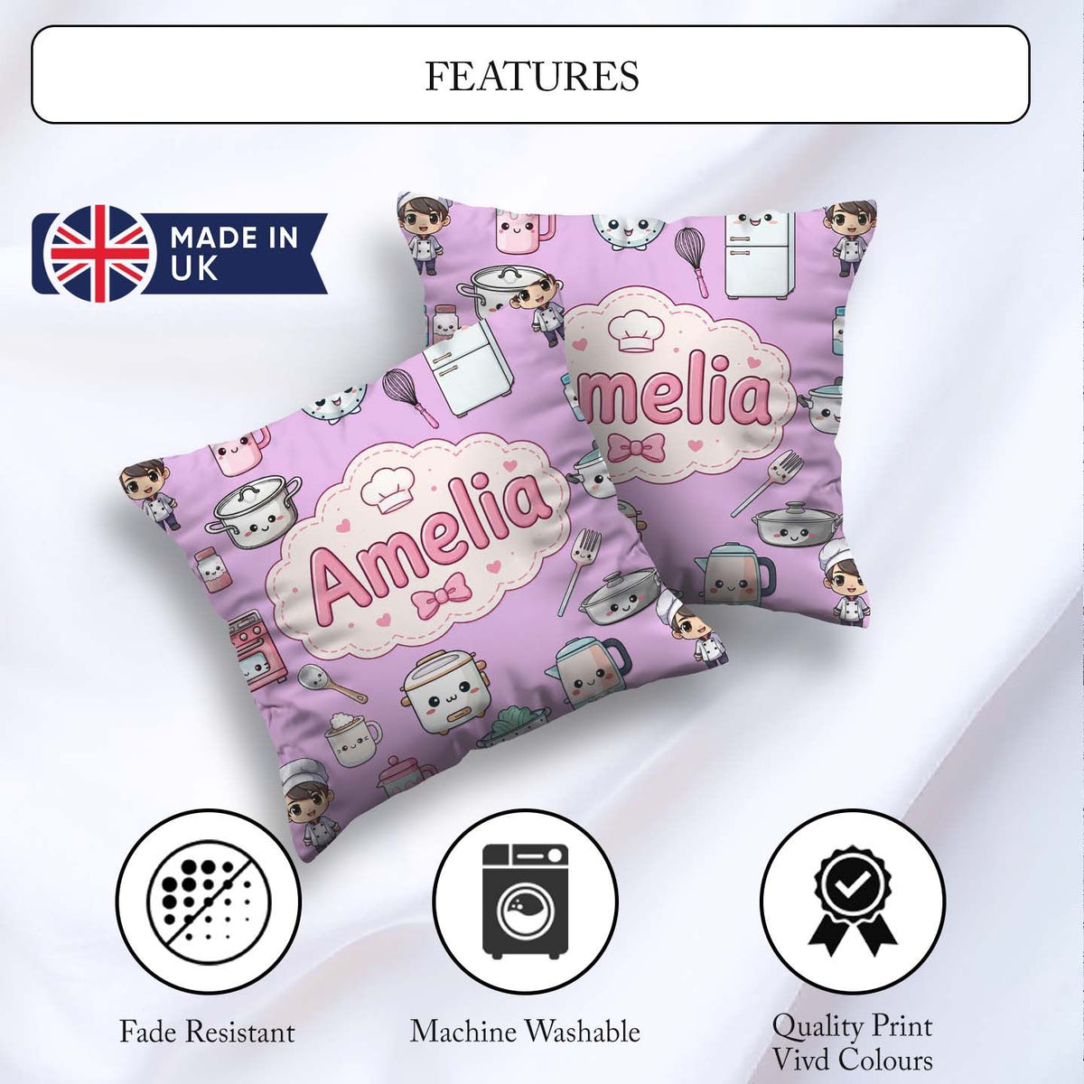 Custom Name Kawaii Chef Girl Cooking Utensils on Purple Seamless Square Filled Cushion Throw Pillow Sofa Bed Home Decor Zip Washable UK Made