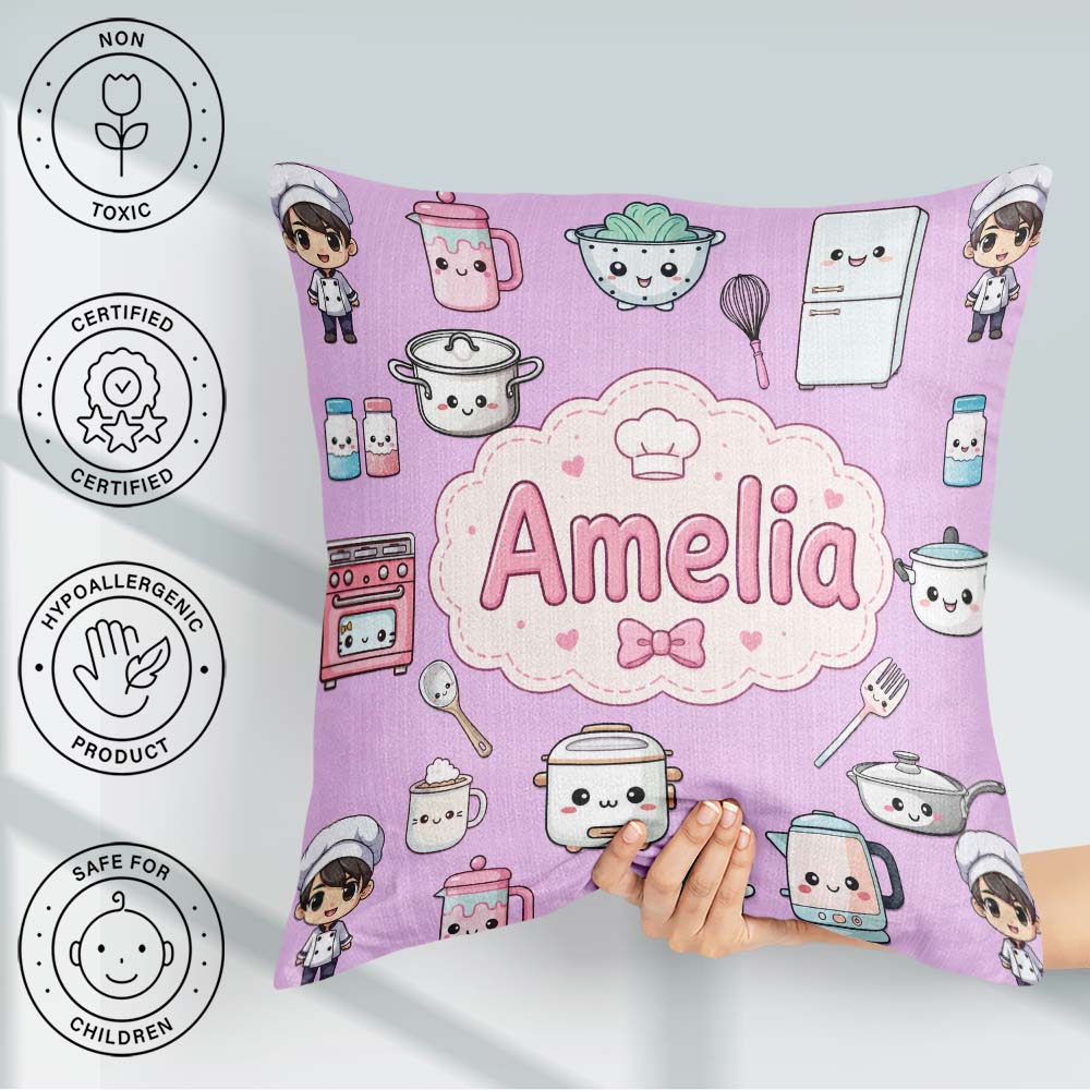 Custom Name Kawaii Chef Girl Cooking Utensils on Purple Seamless Square Filled Cushion Throw Pillow Sofa Bed Home Decor Zip Washable UK Made