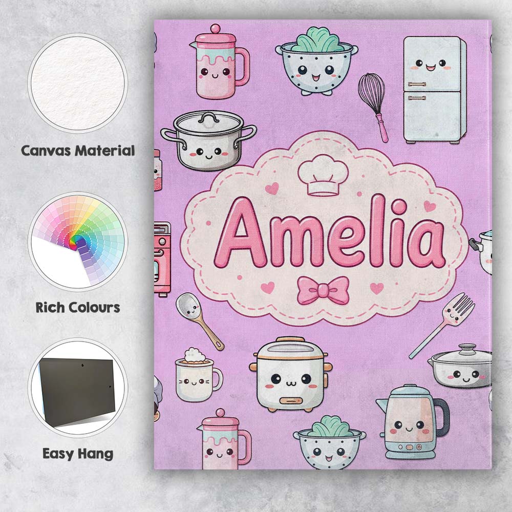 Personalised Name Kawaii Chef Girl Cooking Custom Unique Gift Idea Elegant Feature Canvas Wall Art Print Decor Picture Ready to Hang