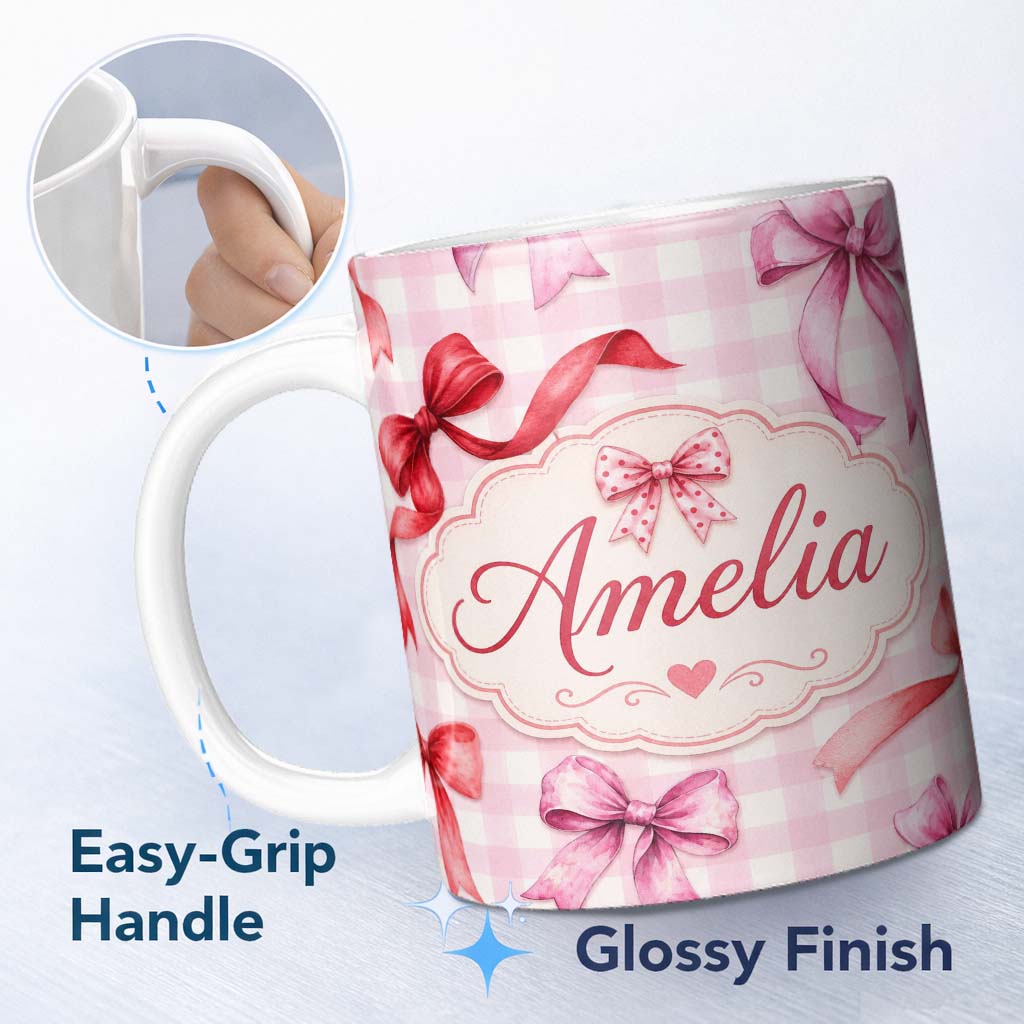Personalized Custom Name Watercolor Ribbon Bow Seamless Pattern on Blush Gingham Background 11oz Ceramic Coffee Tea Mug White Large Handle