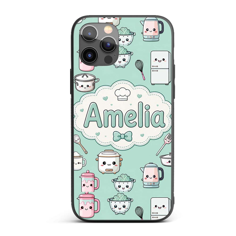 Kawaii Chef Girl Cooking Utensils Printed Design Custom Name Protective Phone Case Mobile Cover Durable Everyday Smartphone Shock Resistant