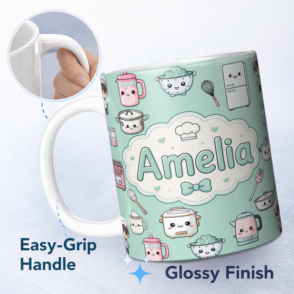 Personalized Custom Name Kawaii Kitchen Chef Girl Cooking Utensils on Mint Seamless Pattern 11oz Ceramic Coffee Tea Mug White Large Handle
