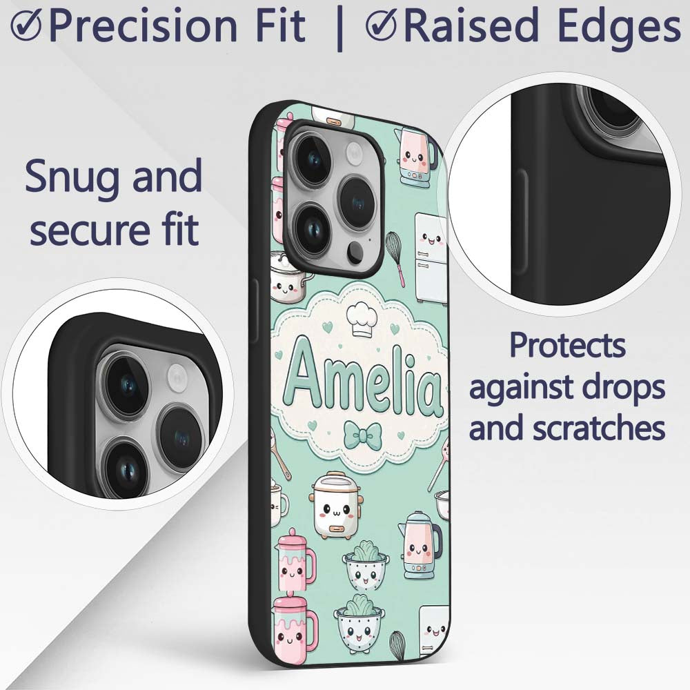 Kawaii Chef Girl Cooking Utensils Printed Design Custom Name Protective Phone Case Mobile Cover Durable Everyday Smartphone Shock Resistant