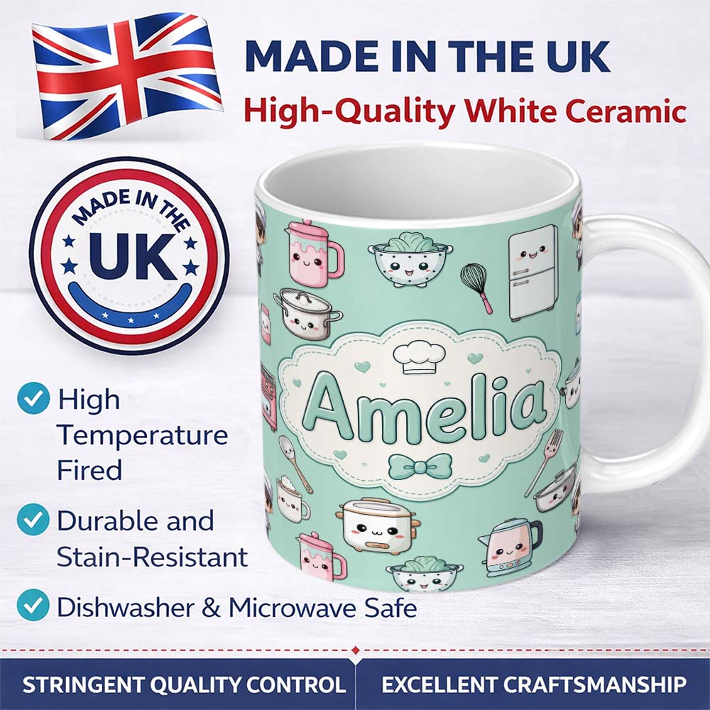 Personalized Custom Name Kawaii Kitchen Chef Girl Cooking Utensils on Mint Seamless Pattern 11oz Ceramic Coffee Tea Mug White Large Handle
